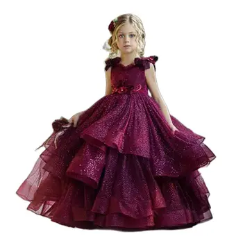 Bordo Çiçek Kız Elbise Düğün İçin Dantel Boncuk Çiçek Aplike Küçük Kızlar Pageant Elbise Parti Törenlerinde Prenses Giyim