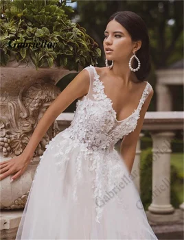 Gabriellar Düğün gelin kıyafeti Tankı Çiçek Aplikler V Yaka Kolsuz Backless Tül A-line Vestido De Noiva Kişiselleştirilmiş