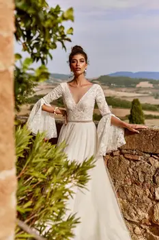 2023 Dantel V Boyun düğün elbisesi Gelin Suknia Slubna Rybka Beyaz Uzun Kollu Zarif Muhteşem Robe De Soiree Mariage Vestidos