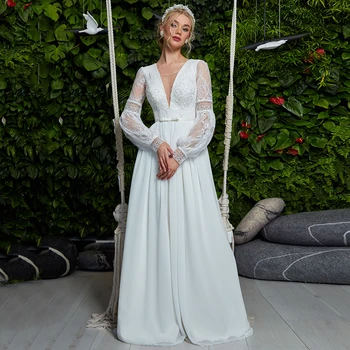 Bohemian düğün elbisesi 2023 Bayanlar Derin V Boyun Dantel Uzun Kollu Aplikler Şifon gelinlikler Lace Up Geri Robe De Mariee