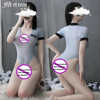 Erotik iç çamaşırı kadın seksi şeffaf üniforma günaha buz ipek eğitmen açık dosya tulum yetişkin ürünleri 7948