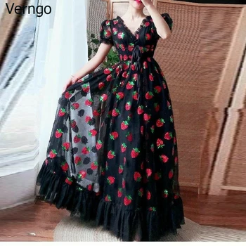 Verngo A-line Balo Elbise V Yaka Kısa Kollu Çilek gece elbisesi Uzun Resmi Doğum Günü Elbisesi Kız Mezuniyet Partisi Elbisesi