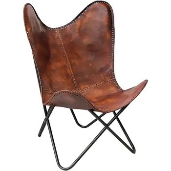 El yapımı Koyu Kahverengi Deri Kol Sandalye Deri Oturma Odası Sandalye kelebek sandalye Toz boyalı demir siyah katlanır çerçeve ile