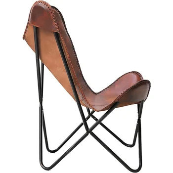El yapımı Koyu Kahverengi Deri Kol Sandalye Deri Oturma Odası Sandalye kelebek sandalye Toz boyalı demir siyah katlanır çerçeve ile