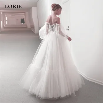 LORIE Boho Dantel Korse düğün elbisesi A-Line Puf Kollu gelinlik Bir Çizgi Kapalı Omuz gelinlik vestidos de noiva