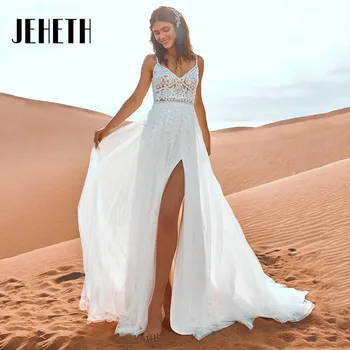JEHETH Zarif A-Line V Yaka Gelinlik 2023 Seksi Plaj Spagetti Sapanlar Kolsuz Illusion gelin kıyafeti Vestido De Noiva