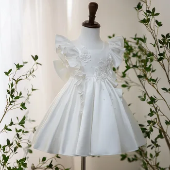 Mizaç Kız Elbise için Parti ve Düğün Kare Yaka Aplikler Uçan Kollu Çiçek Kız Elbise Yay V-geri Akşam Elbise