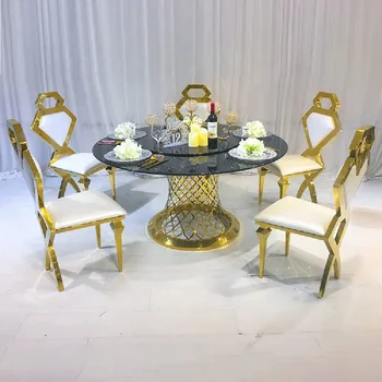 Yüksek Kaliteli altın paslanmaz çelik metal çerçeve cam üst döner düğün yemek yuvarlak masa