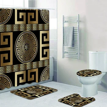 3D Lüks Siyah Altın Yunan Anahtar Menderes Barok Banyo Perdeleri Duş perde seti Banyo için Modern Geometrik banyo paspası Dekor