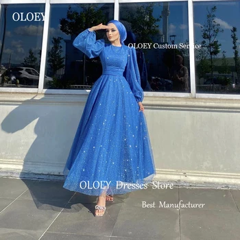 OLOEY 2023 Parlak Mavi Müslüman Arapça Kadınlar Parlak balo kıyafetleri Uzun Kollu O-boyun Ayak Bileği Uzunluğu Abiye giyim Örgün Parti