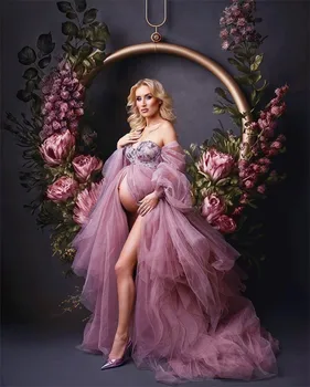 Çiçek hamile elbiseleri Fotoğraf Çekimi için Dantel Aplike Sevgiliye Tam Kollu Bebek Duş Hamile Özelleştirmek Balo Elbise