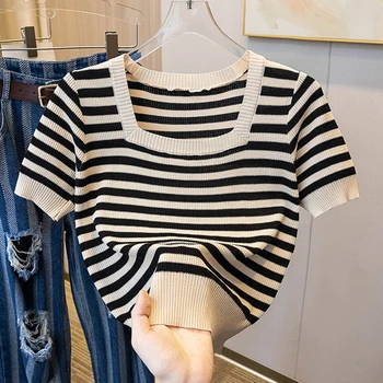 Nakış Çizgili T Shirt Kadın Örme Rahat Kısa Kollu Tees Ince Kadın Giysileri Tee Gömlek Femme Yaz Kırpma Üstleri Camisetas