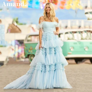 Amanda Lüks Tüy Omuz Vestidos De Noche Zarif Bebek Mavi Balo Elbise Spagetti Kayışı Çok Katmanlı فساتين مناسبة رسمية
