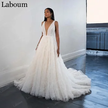 Laboum Seksi V Yaka düğün elbisesi Kadınlar İçin Düzenli Sapanlar Büyüleyici Kolsuz Tül Aç Geri Mahkemesi Tren vestidos de novia