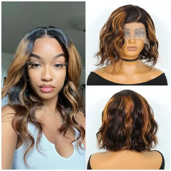 Vurgulamak Peruk Vücut Dalga Kısa Bob peruk insan saçı Kahverengi Bal Sarışın Ön Koparıp Brezilyalı T Parçası sırma insan saçı Peruk Kadınlar İçin