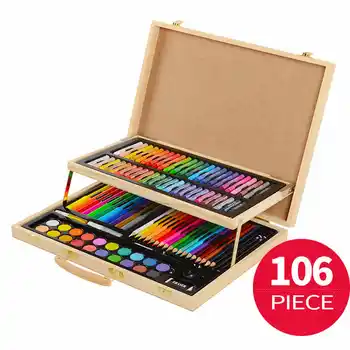 106 adet Sanat Seti boyama seti Çocuklar Çocuklar için Çizim Renkli Kalemler Boya Kalemi Ahşap Kutu ile Sanat Boyama Çizim Araçları