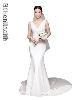 2023 Yeni Tasarım Zarif V Yaka düğün elbisesi Kolsuz Yumuşak Saten Kore Vintage Mermaid gelinlikler