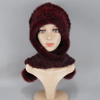 Yeni Bayan Tilki Kürk Kapaklar Eşarp Kış Kadın Kürk Şapka Eşarp Setleri 100 % Gerçek Rex Vizon Kürk Rahat Sıcak Kürk Rahat Kadın kapaklar