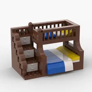 MOC çiftli ranza Yatak Modeli Minifigs Bilgisayar Masası Başucu Masa Yapı Taşları Tuğla DIY Parçaları Süs Oyuncaklar Çocuklar için