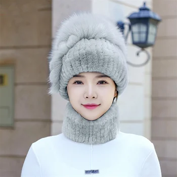 Yeni kadın Kürk Şapka Kış Doğal Rex Tavşan Saç Soğuk Dayanıklı Sıcak Şapka Lüks Kalınlaşmış Moda Yumuşak Şapka Eşarp İki Parçalı Set