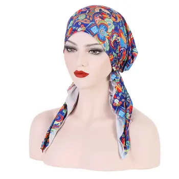 2023 Yeni Müslüman Başörtüsü Kanser Kemo Çiçek Baskı Şapka Türban kapatma başlığı Saç Dökülmesi başörtüsü Wrap Önceden Bağlı Şapkalar Streç Bandana
