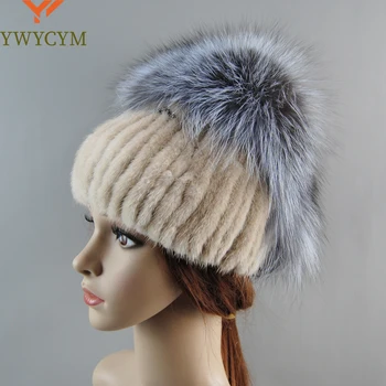 Kadın Kış Vizon Kürk Şapka Örme Gerçek Vizon Gümüş Tilki Kürk Kapaklar Kadın Rus Sıcak bere kadın Kürk Şapka