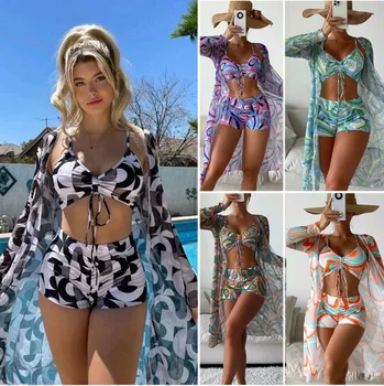 Yüksek Bel Bikini 2022 Seksi 3 Parça bikini seti Cover Up Mayo Kadınlar için Uzun Kollu Push Up Mayo Plaj Kıyafeti Mayo