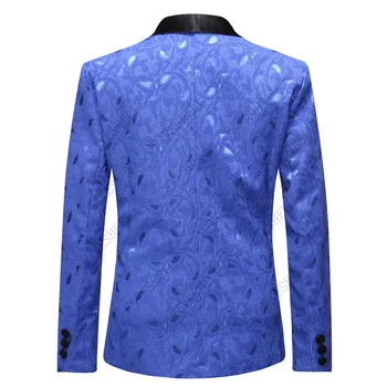 Erkek Kraliyet Mavi Jakarlı Blazer Ceket Slim Fit Şal Yaka Erkek Takım Elbise Ceket Parti Düğün Damat Smokin Blazer Erkekler Sahne Giysi