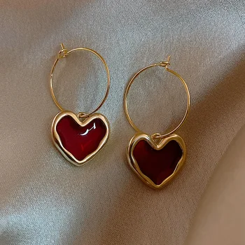 Tatlı Bordo Emaye Kalp Küpe Kadınlar Kız İçin Altın Renk Metal Aşk Kalp Asılı Dangle Küpe Vintage Takı Brincos