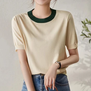 Zarif T Shirt Kadın Yaz Üstleri Camisetas Mujer Tee Gömlek Femme Kontrast Renk Örme Kısa Kollu Bayan Giyim T Shirt