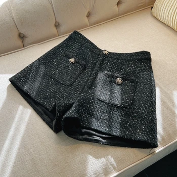 Kadın Tüvit Şort Tasarlanmış Sonbahar Kış Zarif Yüksek Bel Siyah kısa pantolon Bayan Şık Düz Renk Yün Şort