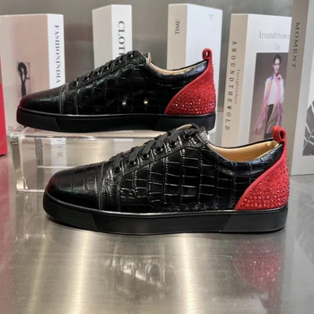 En Kaliteli Kırmızı Taban Bayan Moda rahat ayakkabılar 35-48 Lüks Erkek gerçek deri sneakers Tasarım Çift Kaya Gelgit ayakkabı HJ0321
