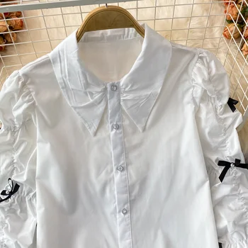 Iş 2023 Sonbahar Tasarım Kadın Kat Yay Uzun Puf Kollu Beyaz Gömlek Moda Kız Kore Rahat Ofis Bluz Üst