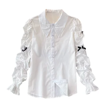 Iş 2023 Sonbahar Tasarım Kadın Kat Yay Uzun Puf Kollu Beyaz Gömlek Moda Kız Kore Rahat Ofis Bluz Üst