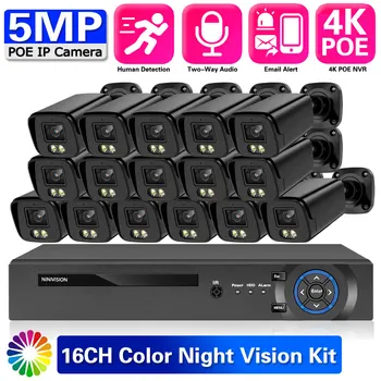 CCTV IP Güvenlik Kamera Sistemi 16CH 5MP POE NVR Kiti Açık Su Geçirmez Renkli Gece Görüş NVR Kamera Video gözetleme Seti 4K