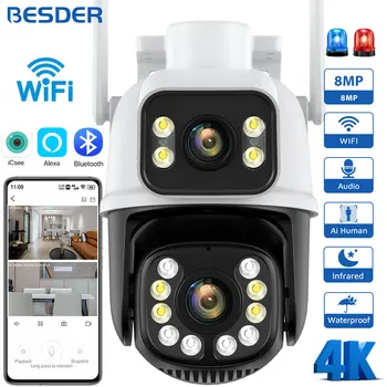 BESDER 8MP IP Kamera PTZ Otomatik İzleme Gece Görüş Açık Güvenlik Koruma Wifi CCTV Gözetim Kamerası Çift Ekranlar iCSee