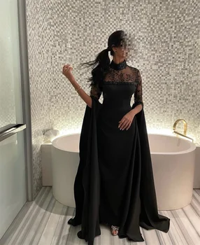 FLORİNE TULİRAİN Siyah Zarif Yüksek Boyun Yarım Kollu Kristal Payetli Bir Çizgi Abiye Kat Uzunluk Sweep Tren Balo elbisesi
