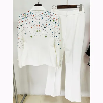 Lüks Zarif Kadın İki adet kıyafet Seksi beyaz Blazer pantolon takım elbise artı kristal kadın takım elbise