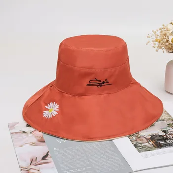 Moda Nakış Büyük Ağız balıkçı şapkası Polyester Pamuk Çift taraflı Giyen güneş şapkası Küçük Papatya Güneşlik Güneş Koruyucu Şapka