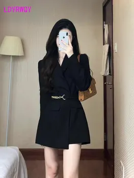 Siyah blazer kadın ilkbahar ve sonbahar 2023 yeni Kore rahat çok yönlü kemer mizaç orta uzunlukta takım elbise