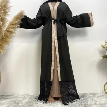 Açık Abaya Hırka Maxi Elbise Müslüman Kadınlar Dantel Kimono Kaftan Türkiye Arapça Dubai Suudi Elbise Kuşaklı Ramazan Bayram İslam Kaftan