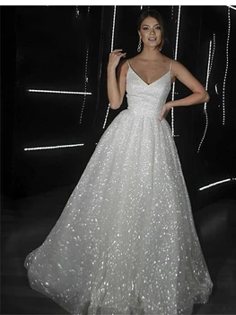 Spagetti Kayışı Fermuar düğün elbisesi gelinlik Kolsuz Backless Sparkle Derin V Yaka Pullu Vestido De Novia