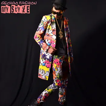 Gençlik Moda Gece Kulübü Erkek Şarkıcı DSDJ Graffiti Hip Hop Uzun Takım Elbise Bar erkek Özel Eğlence Performans Giyim