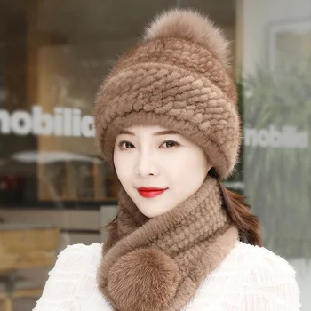Vizon Kürk Şapka Eşarp Seti Kadınlar Kış Sıcak kulak koruyucu Kap Gerçek Kürk Örme Şapka Tilki Kürk Topu Kadın Açık bere