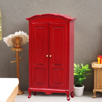 1:12 Evcilik Minyatür Dolap Retro Kırmızı Dolap yatak odası mobilyası Dekor Oyuncak Bebek Evi Aksesuarları