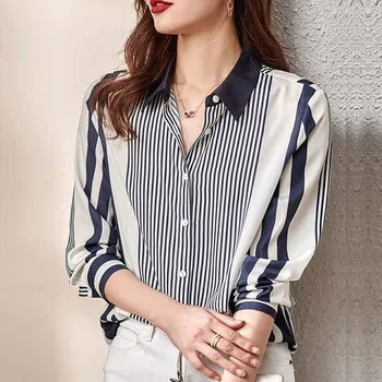 Moda Baskılı Eklenmiş Düğme Kore Çizgili Gömlek Kadın Giyim 2023 İlkbahar ve Sonbahar Yeni Casual Tops Uzun Kollu Bluz