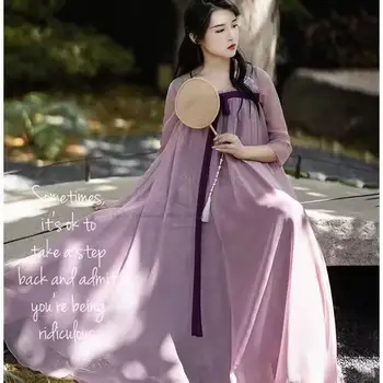 Çin Kadın Peri Kostüm Geliştirilmiş Ruqun Hanfu Elbise Ulusal Çiçek Nakış Bayan Şifon Elbise Vintage Mor Elbise