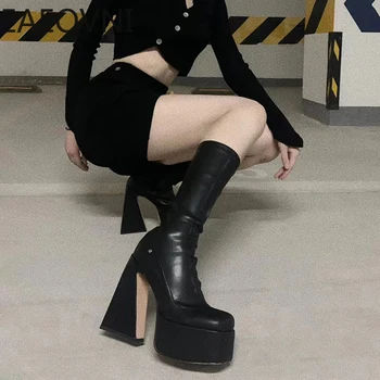 Kış serseri Çizmeler Kadın Yüksek Topuklu Moda Kayma Yüksek Platform Kare Topuk Botas Bayanlar Deri Gotik Uzun Çizmeler