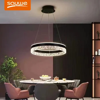 Siyah / beyaz Modern LED avize yemek odası yatak odası için, 50CM halka asılı lamba, 3 renk ışık değiştirilebilir