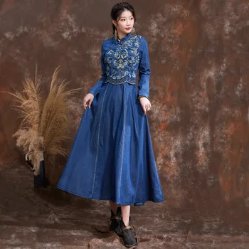 Bahar Yeni Retro Nakış El Yapımı Toka Cheongsam Denim Elbise